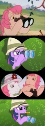 Size: 633x1746 | Tagged: safe, screencap, twilight sparkle, feeling pinkie keen, g1, g4, my little pony tales, my little pony: friendship is magic, who's responsible, binoculars, comparison, g1 to g4, generation leap, hat, pith helmet