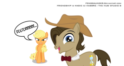 Size: 1600x853 | Tagged: safe, artist:fongsaunder, applejack, doctor whooves, time turner, earth pony, pony, g4, accessory theft, duo, duo male and female, female, hatless, male, mare, missing accessory, simple background, stallion, transparent background