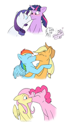 Size: 859x1631 | Tagged: safe, artist:arcticwaters, twilight sparkle, earth pony, pegasus, pony, unicorn, g4, blushing, female, floppy ears, kiss on the lips, kissing, lesbian, lying down, mare, on back, ship:appledash, ship:flutterpie, ship:rarilight, shipper on deck, shipping, unicorn twilight