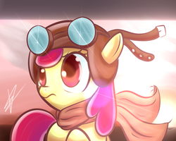 Size: 1280x1024 | Tagged: safe, artist:mister-markers, apple bloom, earth pony, pony, g4, aviator hat, clothes, female, goggles, hat, helmet, looking up, mare, pilot, scarf, solo