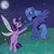 Size: 600x600 | Tagged: safe, artist:lulubell, princess luna, twilight sparkle, alicorn, firefly (insect), insect, pony, unicorn, g4, artificial wings, augmented, blank flank, crescent moon, duo, eyeshadow, female, flying, grass, hill, hoof shoes, lesbian, looking at each other, looking at someone, magic, magic wings, makeup, mare, moon, night, night sky, open mouth, peytral, s1 luna, ship:twiluna, shipping, sky, smiling, spread wings, starry night, wings