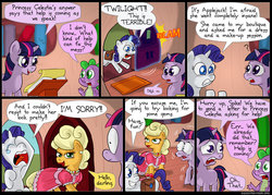 Size: 850x609 | Tagged: safe, artist:fadri, applejack, rarity, spike, twilight sparkle, comic:and that's how equestria was made, g4, alternate hairstyle, clothes, comic, dress, hilarious in hindsight, makeover, orangejack, the flank anomaly