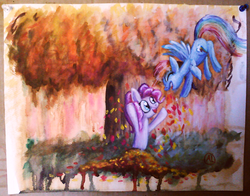 Size: 1195x936 | Tagged: safe, artist:alinquilz, pinkie pie, rainbow dash, g4, autumn, leaves, watercolor painting