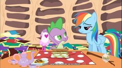 Size: 856x478 | Tagged: safe, screencap, rainbow dash, spike, dragon quest, g4, my little pony: friendship is magic, hub logo, youtube caption