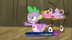 Size: 856x478 | Tagged: safe, screencap, spike, dragon quest, g4, my little pony: friendship is magic, hub logo, youtube caption