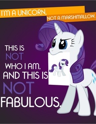 Size: 1580x2048 | Tagged: safe, rarity, pony, unicorn, g4, costume, female, horn, mare, marshmallow, mouth hold, not fabulous, poster, rarity is a marshmallow, solo