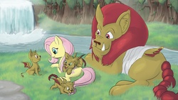 Size: 1280x720 | Tagged: safe, artist:kanashiipanda, fluttershy, manny roar, manticore, g4, bandage, cub, everfree forest, kitten, manticore kitten, prone, waterfall