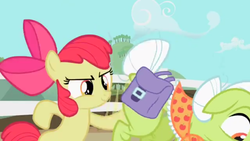 Size: 1280x720 | Tagged: safe, screencap, apple bloom, granny smith, earth pony, pony, family appreciation day, g4, butt touch, female, filly, hoof on butt, mare, out of context, spanking