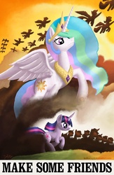 Size: 784x1200 | Tagged: safe, artist:kefkafloyd, princess celestia, twilight sparkle, g4, buy war bonds, poster, propaganda