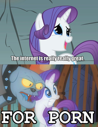 Size: 500x646 | Tagged: safe, edit, edited screencap, screencap, fido, rarity, diamond dog, a dog and pony show, g4, avenue q, gritted teeth, image macro, open mouth, smiling, song reference, the internet is for porn, wide eyes