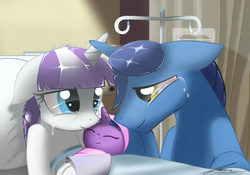 Size: 1966x1380 | Tagged: safe, artist:twintailsinc, edit, night light, twilight sparkle, twilight velvet, pony, unicorn, g4, all my feels, crying, eyes closed, female, filly, foal, hospital, male, mare, newborn, ship:nightvelvet, sleeping, smiling, stallion, tears of joy