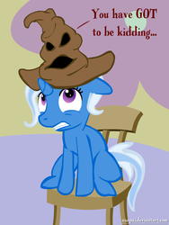 Size: 600x800 | Tagged: safe, artist:snapai, trixie, pony, unicorn, g4, chair, crossover, female, filly, harry potter (series), hat, mare, sitting, solo, sorting hat, younger