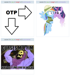 Size: 540x564 | Tagged: safe, rainbow dash, twilight sparkle, pony, derpibooru, g4, exploitable meme, juxtaposition, juxtaposition win, meme, meta, otp, skeletor