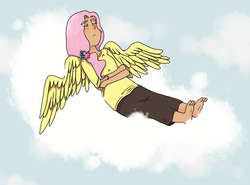 Size: 1604x1186 | Tagged: safe, artist:nyan-cow, fluttershy, human, g4, cloud, cloudy, humanized, sleeping, solo, winged humanization