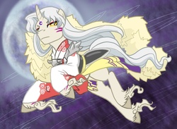 Size: 1222x893 | Tagged: safe, artist:vertrev, pony, armor, clothes, flying, frown, inuyasha, kimono (clothing), looking at you, moon, night, ponified, sesshomaru, sesshoumaru, solo, unshorn fetlocks