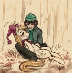 Size: 797x800 | Tagged: dead source, safe, artist:crookedtrees, derpy hooves, human, pony, g4, autumn, clothes, hat, scarf