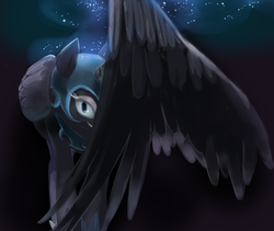 Size: 1096x923 | Tagged: safe, alternate version, artist:jiayi, nightmare moon, alicorn, pony, g4, black background, covering, cute, evil smile, female, grin, hiding behind wing, looking at you, moonabetes, simple background, smiling, solo, spread wings