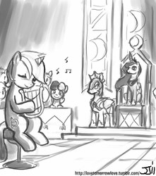 Size: 882x1000 | Tagged: safe, artist:johnjoseco, bon bon, lyra heartstrings, princess luna, sweetie drops, alicorn, earth pony, pony, unicorn, g4, grayscale, lyre, monochrome, night guard