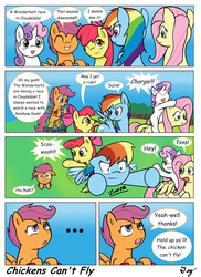 Size: 1200x1650 | Tagged: safe, artist:tikyotheenigma, apple bloom, fluttershy, rainbow dash, scootaloo, sweetie belle, g4, comic, cutie mark crusaders, ponies riding ponies, riding, scootaloo can't fly, scooter