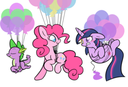 Size: 2500x1700 | Tagged: safe, artist:selective-yellow, pinkie pie, spike, twilight sparkle, dragon, earth pony, pony, unicorn, g4, balloon, blush sticker, blushing, eyes closed, female, floating, lesbian, male, mare, monocle, ship:twinkie, shipping, simple background, transparent background, trio, unicorn twilight