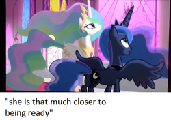 Size: 638x450 | Tagged: safe, edit, edited screencap, screencap, princess celestia, princess luna, alicorn, pony, g4, the crystal empire, alicornspiracy, duo, duo female, female, foreshadowing, royal sisters, siblings, sisters