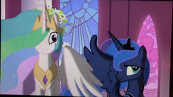 Size: 616x344 | Tagged: safe, screencap, princess celestia, princess luna, alicorn, pony, g4, the crystal empire, duo, duo female, female, mare, photo, picture of a screen, royal sisters, siblings, sisters