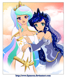 Size: 517x600 | Tagged: safe, artist:kymoon, princess celestia, princess luna, human, g4, cleavage, female, humanized