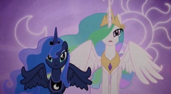 Size: 793x439 | Tagged: safe, screencap, princess celestia, princess luna, g4, the crystal empire, duo, frown, hair over one eye, looking at you, moon, photo, picture of a screen, spread wings, sun