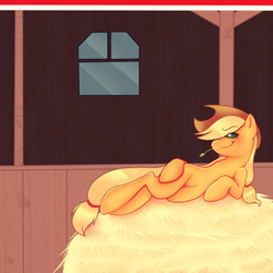 Size: 1000x1000 | Tagged: safe, artist:crispycreme, applejack, earth pony, pony, g4, colored pupils, female, hay, mare, solo, sultry pose