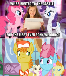 Size: 626x713 | Tagged: safe, carrot cake, cup cake, pinkie pie, pound cake, pumpkin cake, rarity, earth pony, human, pegasus, pony, unicorn, a canterlot wedding, baby cakes, g4, commercial, female, image macro, irl, irl human, logic, male, mare, photo, stallion