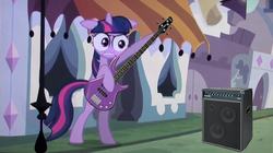 Size: 605x338 | Tagged: safe, edit, edited screencap, screencap, twilight sparkle, g4, season 3, the crystal empire, bass guitar, musical instrument, special eyes