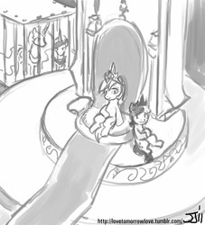 Size: 906x1000 | Tagged: safe, artist:johnjoseco, bon bon, lyra heartstrings, princess celestia, princess luna, sweetie drops, g4, coup, grayscale, monochrome, usurpation