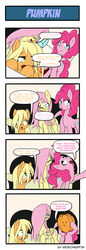 Size: 660x1914 | Tagged: safe, artist:reikomuffin, applejack, fluttershy, pinkie pie, earth pony, pegasus, pony, g4, 4 panel comic, 4koma, c:, comic, fourth wall, glasses, loose hair, nightmare night, pumpkin, pumpkin head, smiling