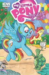 Size: 674x1023 | Tagged: safe, artist:andypriceart, official comic, apple bloom, rainbow dash, tank, pony, g4, idw, official, balloon, comic, comic cover, cover, idw advertisement