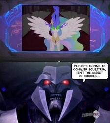 Size: 537x600 | Tagged: safe, edit, edited screencap, screencap, princess celestia, g4, the crystal empire, comparison, corrupted celestia, dark magic, hub logo, jewelry, megatron, meme, peytral, sombra eyes, tiara, transformers, transformers prime