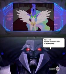 Size: 537x600 | Tagged: safe, edit, edited screencap, screencap, princess celestia, g4, my little pony: friendship is magic, the crystal empire, comparison, corrupted celestia, dark magic, jewelry, megatron, meme, peytral, sombra eyes, tiara, transformers, transformers prime