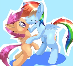 Size: 1000x909 | Tagged: safe, artist:oze, rainbow dash, scootaloo, pegasus, pony, g4, bipedal, blushing, butt, duo, duo female, eyes closed, female, filly, foal, kissing, lesbian, mare, plot, pseudoincest, scootalove, ship:scootadash, shipping