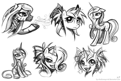 Size: 900x600 | Tagged: safe, artist:kp-shadowsquirrel, dj pon-3, fleur-de-lis, rarity, vinyl scratch, zecora, zebra, g4, hair over one eye, sketch, sketch dump