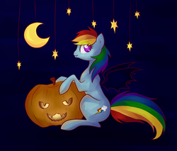 Size: 1200x1023 | Tagged: safe, artist:lohtukettu, rainbow dash, bat pony, pony, g4, female, lying down, mare, moon, on side, profile, pumpkin, solo, stars