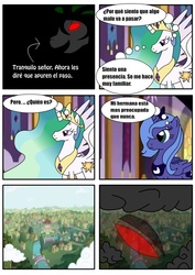 Size: 906x1280 | Tagged: safe, artist:king-shoutmon, princess celestia, princess luna, oc, g4, comic, spanish