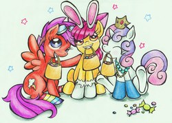 Size: 3455x2472 | Tagged: safe, artist:ooodanaooo, apple bloom, scootaloo, sweetie belle, rabbit, g4, candy, clothes, costume, cutie mark crusaders, goggles, hooves, nightmare night, princess, rainbow socks, socks, striped socks, traditional art, underhoof