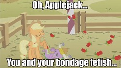 Size: 800x450 | Tagged: safe, edit, edited screencap, screencap, applejack, spike, dragon, earth pony, pony, fall weather friends, g4, bondage, caption, female, hogtied, image macro, male, mare, on back, out of context, roflbot, rope, ship:applespike, shipping, straight, tied up