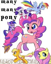 Size: 1280x1621 | Tagged: safe, artist:k-nattoh, applejack, fluttershy, pinkie pie, rainbow dash, rarity, twilight sparkle, earth pony, pegasus, pony, unicorn, comic:many many pony, g4, comic, cover, doujin, female, mane six, many many pony, mare, unicorn twilight