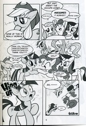 Size: 1280x1857 | Tagged: safe, artist:k-nattoh, applejack, fluttershy, pinkie pie, rainbow dash, rarity, twilight sparkle, pegasus, pony, unicorn, comic:many many pony, g4, comic, doujin, female, hat, hiccup, mane six, many many pony, mare, monochrome, onomatopoeia, thinking, translation, unicorn twilight