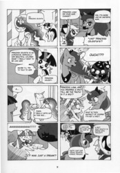 Size: 1280x1842 | Tagged: safe, artist:k-nattoh, applejack, princess celestia, princess luna, twilight sparkle, comic:many many pony, g4, comic, costume, doujin, many many pony, monochrome, nightmare night, translation, wig