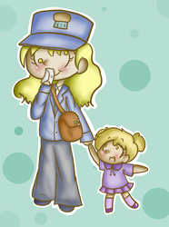 Size: 638x856 | Tagged: safe, artist:maareep, derpy hooves, dinky hooves, human, g4, bag, chibi, cute, duo, hat, humanized, letter, mail, mailbag