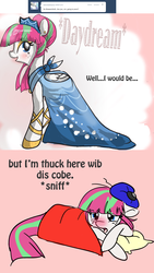 Size: 1280x2272 | Tagged: safe, artist:indiefoxtail, blossomforth, pony, ask blossomforth, g4, ask, blushing, clothes, cold, comic, crown, cute, daydream, dress, female, floppy ears, messy mane, open mouth, prom, prone, sad, sick, smiling, solo, tumblr