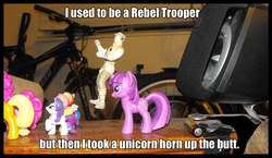 Size: 1644x951 | Tagged: safe, applejack, fluttershy, pinkie pie, rainbow dash, rarity, twilight sparkle, g4, blind bag, image macro, irl, ouch, owned, photo, rebel trooper, star wars, toy