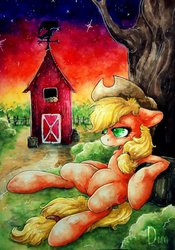 Size: 898x1280 | Tagged: safe, artist:dimwitdog, applejack, earth pony, pony, g4, armpits, barn, dusk, female, grass, outdoors, sitting, solo, sunset, sweet apple acres, tree