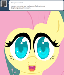 Size: 500x585 | Tagged: safe, artist:ponett, fluttershy, pony, g4, breaking the law, bust, cute, denial, dialogue, female, front view, full face view, looking at you, mare, no, open mouth, portrait, shyabetes, smiling, solo